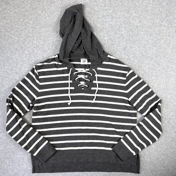 CAbi Womens #5324 Windward Hoodie Top Size Small Gray White Striped Lace Up Neck - Picture 2 of 9